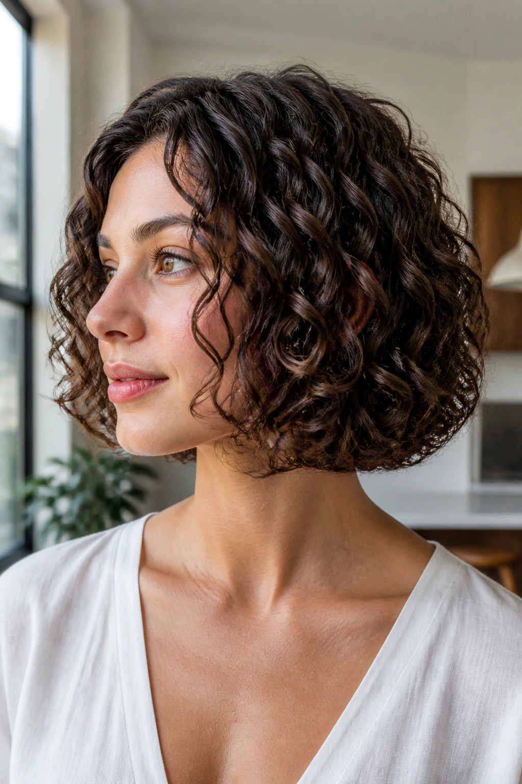 Close-up of real woman's one-length curly bob with hidden weight removal