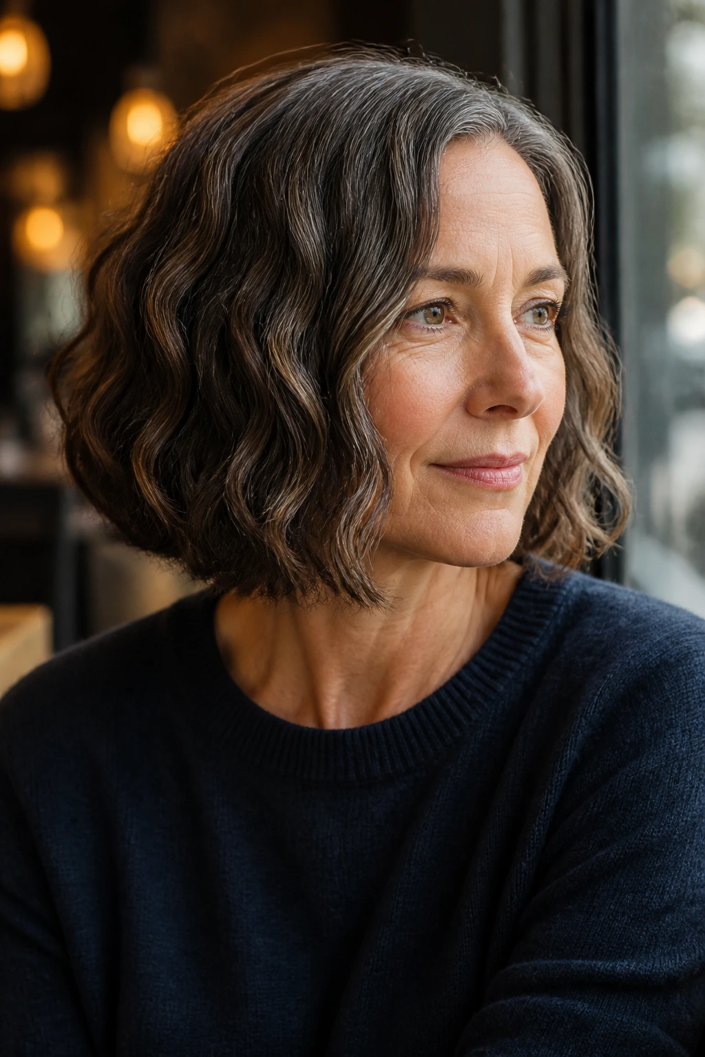 Close-up portrait of a real woman with a blunt one-length bob and loose waves.