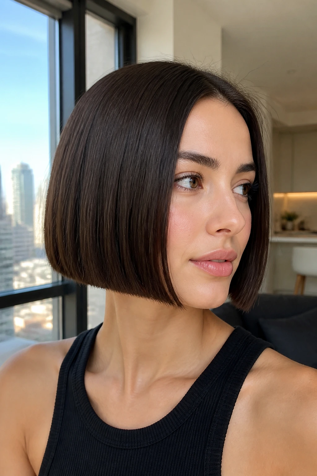 Close-up portrait of a real woman with a blunt one-length sleek bob