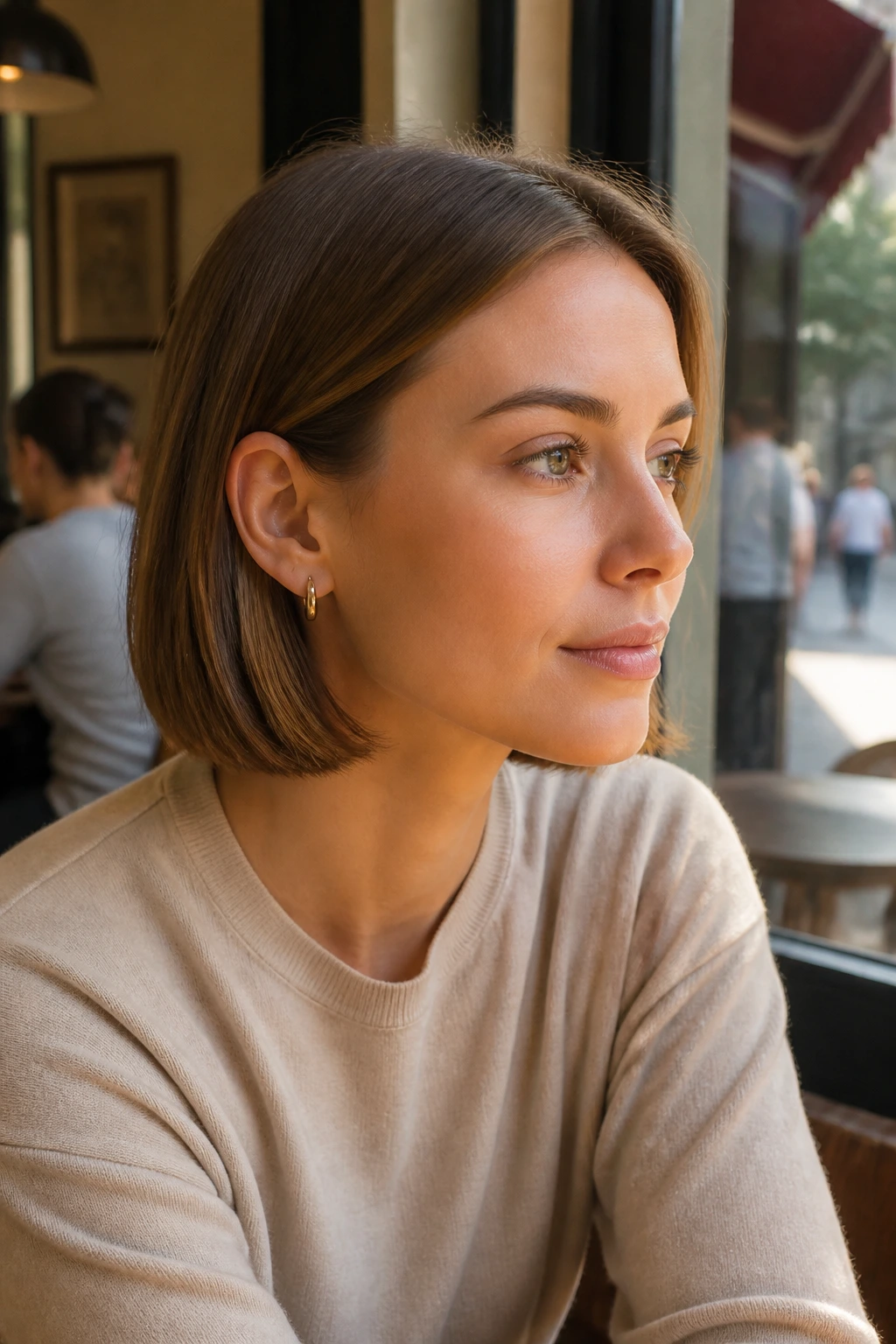 Portrait of a real woman with a one-length bob and tucked fronts.