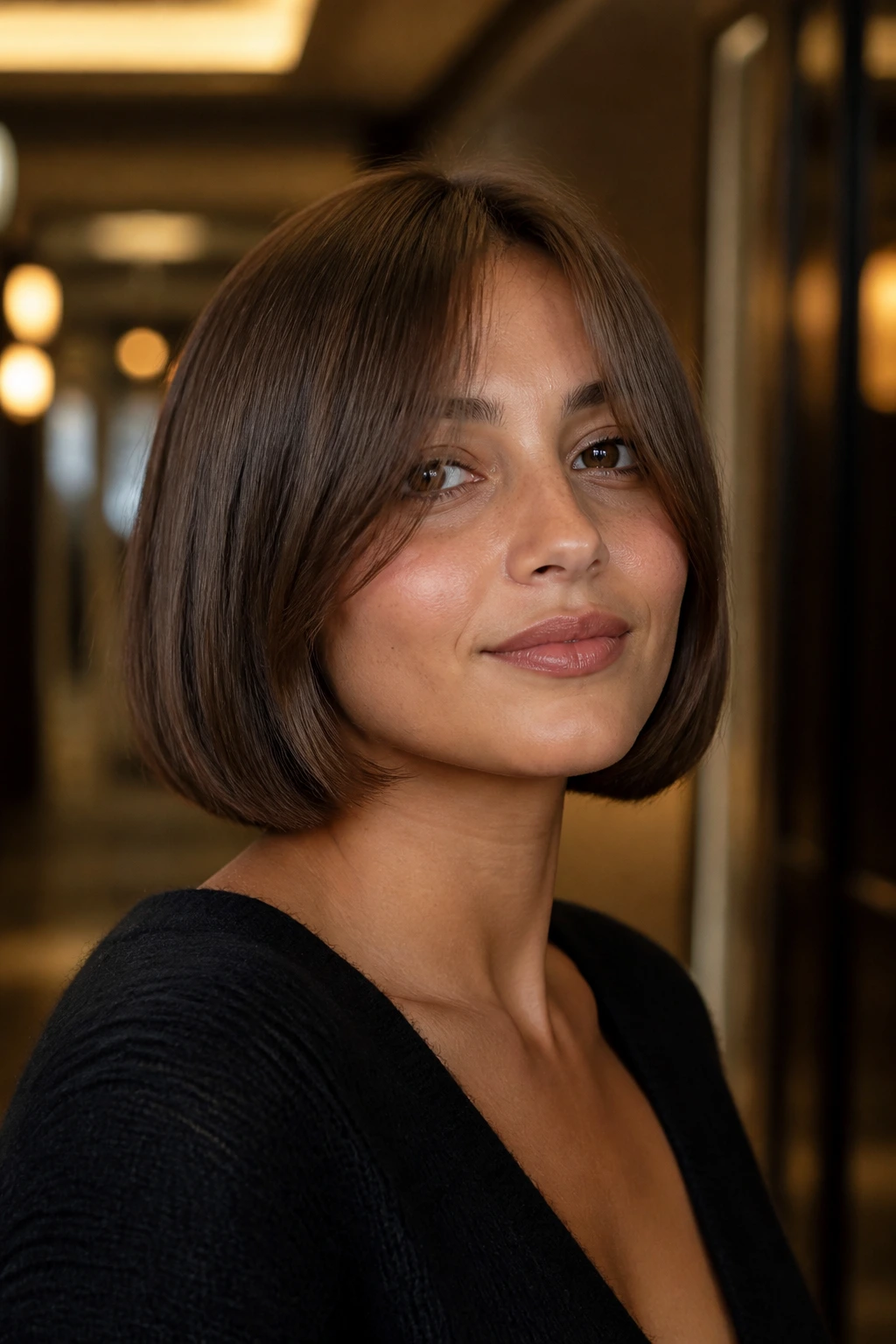 Close-up of real woman with one-length C-cut bob and curtain bangs in a hallway