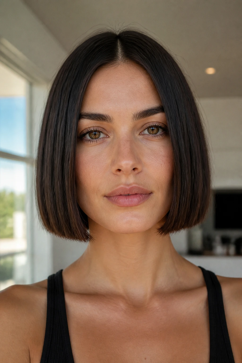 Close-up of a real woman with a blunt one-length center-part bob in a bright interior.