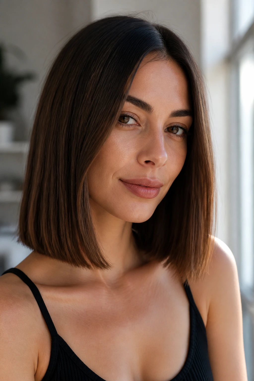 Close-up of a real woman with blunt collarbone-length lob
