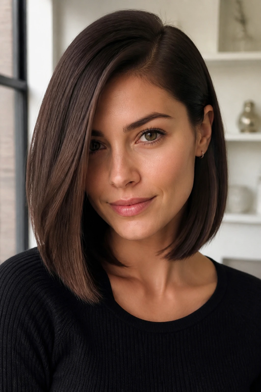 Close-up of a real woman with a one-length cut and deep side part in natural light