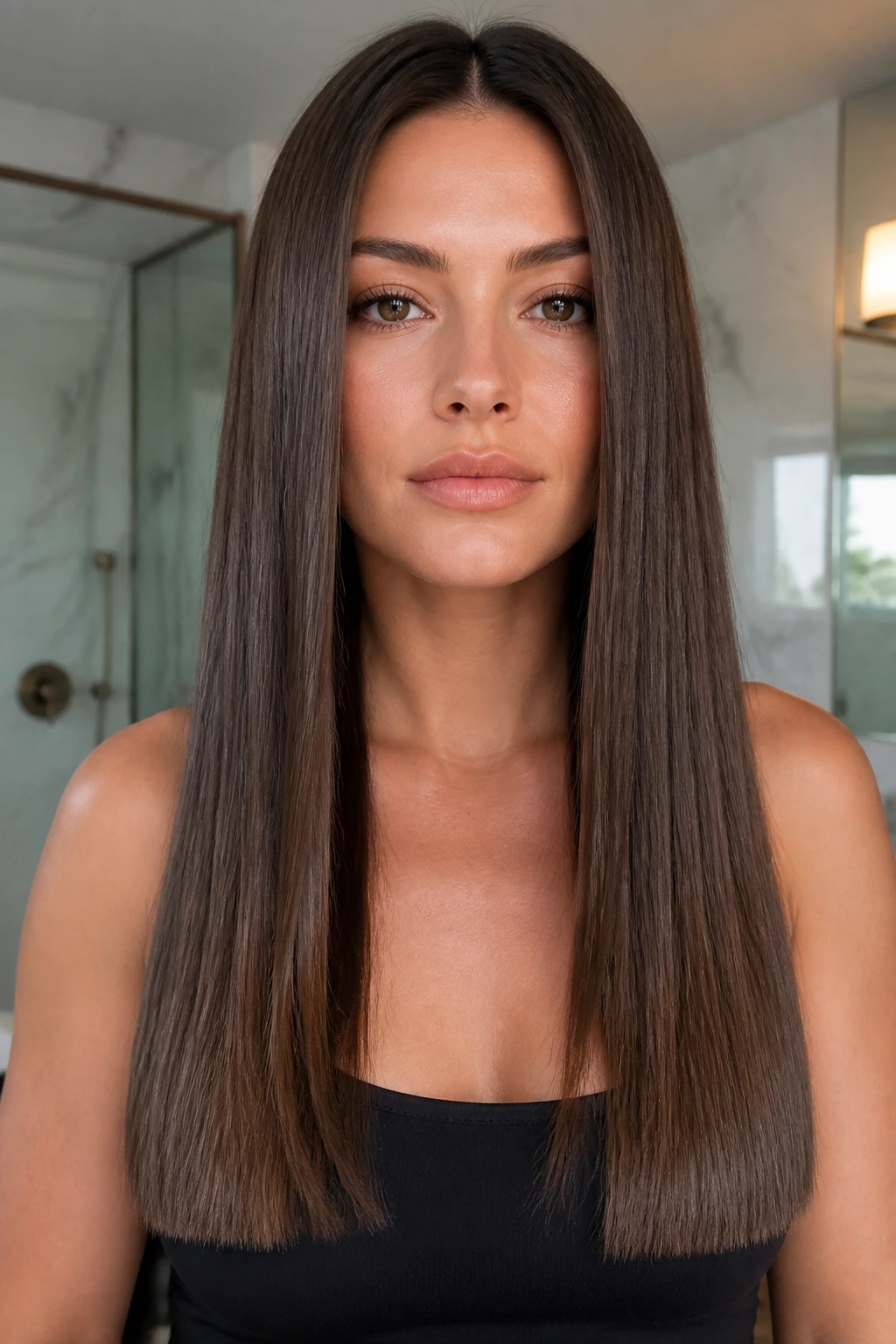 Real woman with long, even ends and a tiny dusting on straight hair