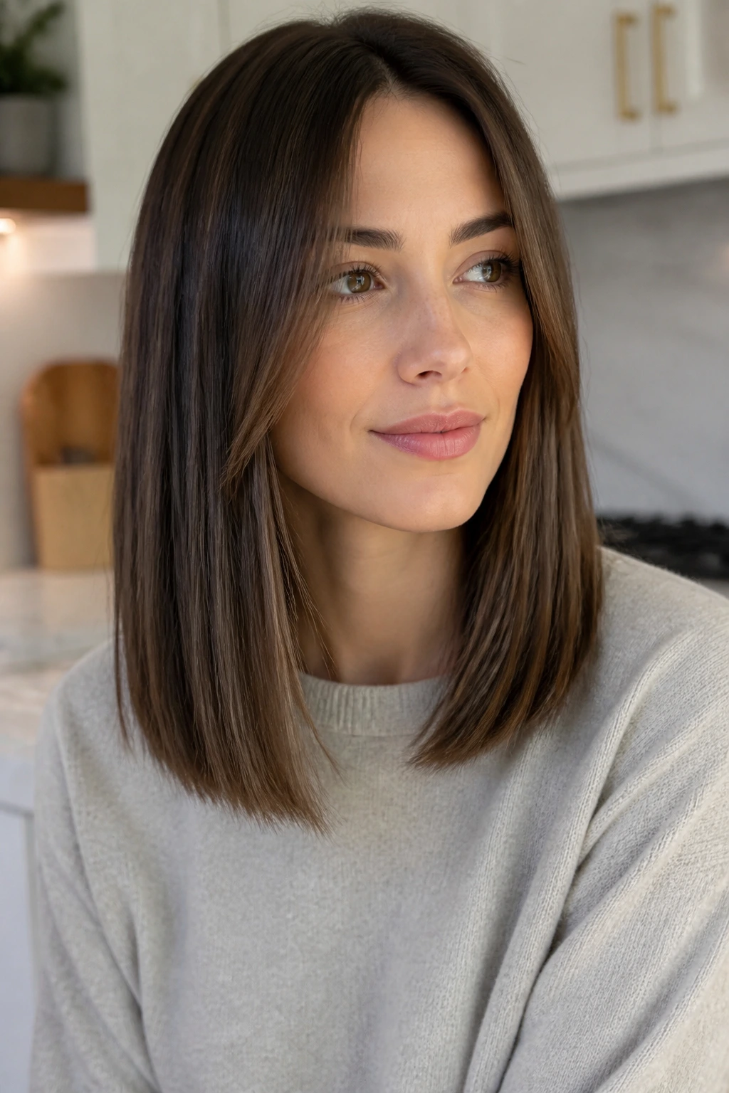 Close-up of a real woman with one-length cut and front frame