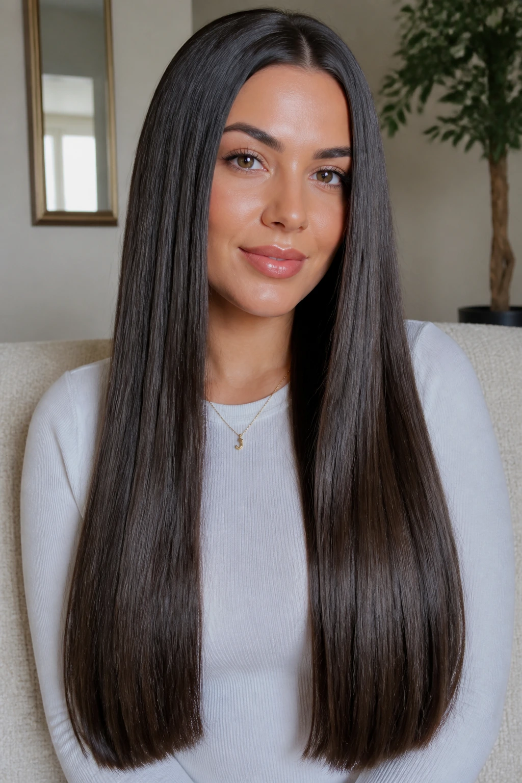 Portrait of a real person with long, straight one-length hair and polished ends.