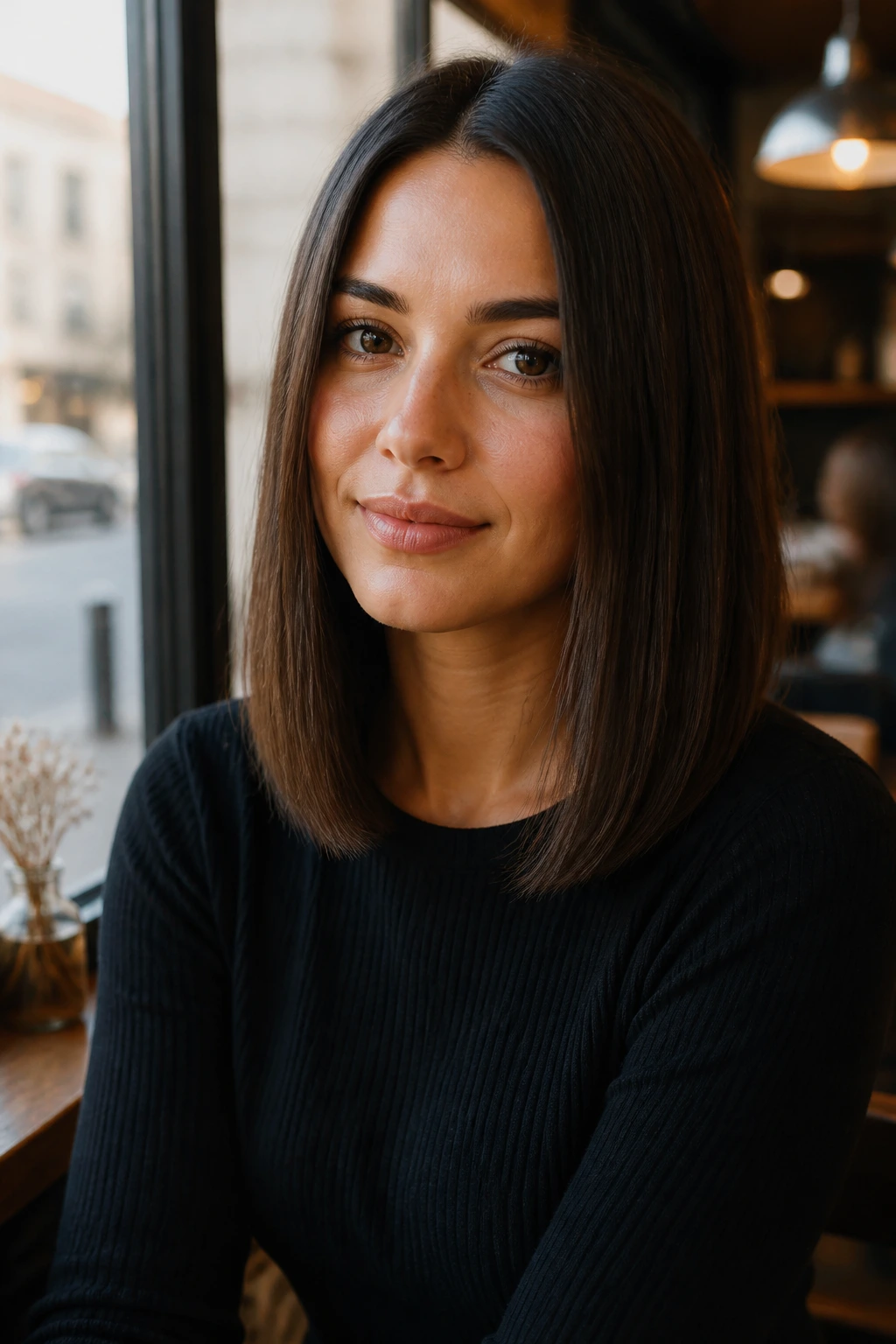 Close-up of a person with a sleek one-length haircut at shoulder length