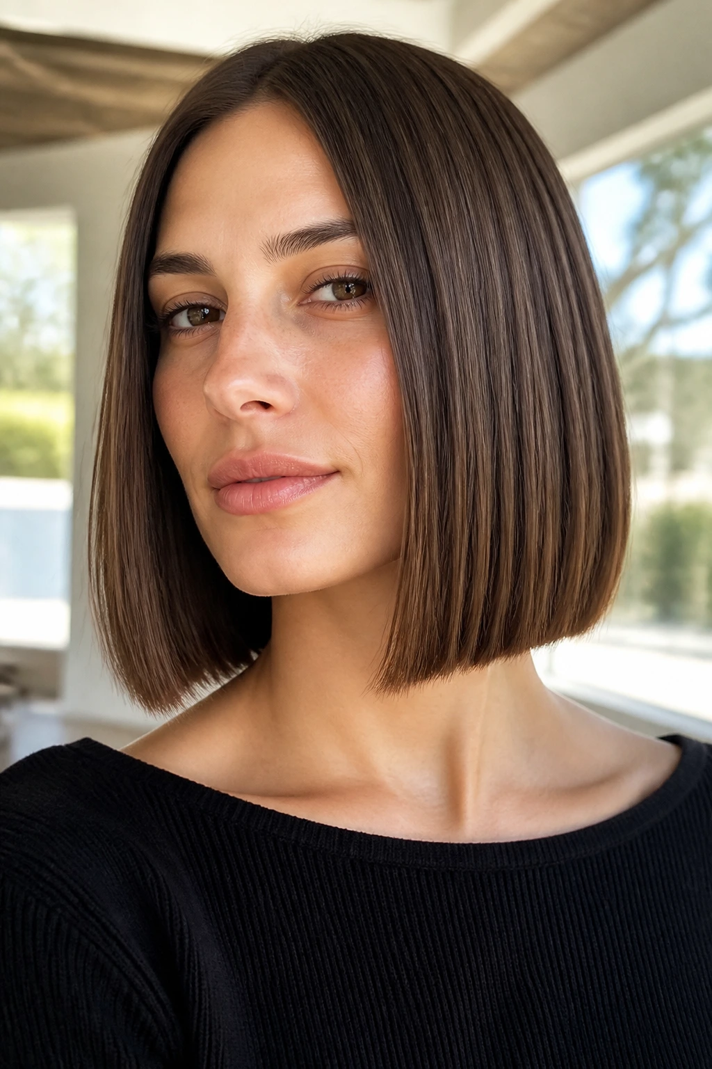 Close-up of a real woman with a blunt one-length lob and crisp edge