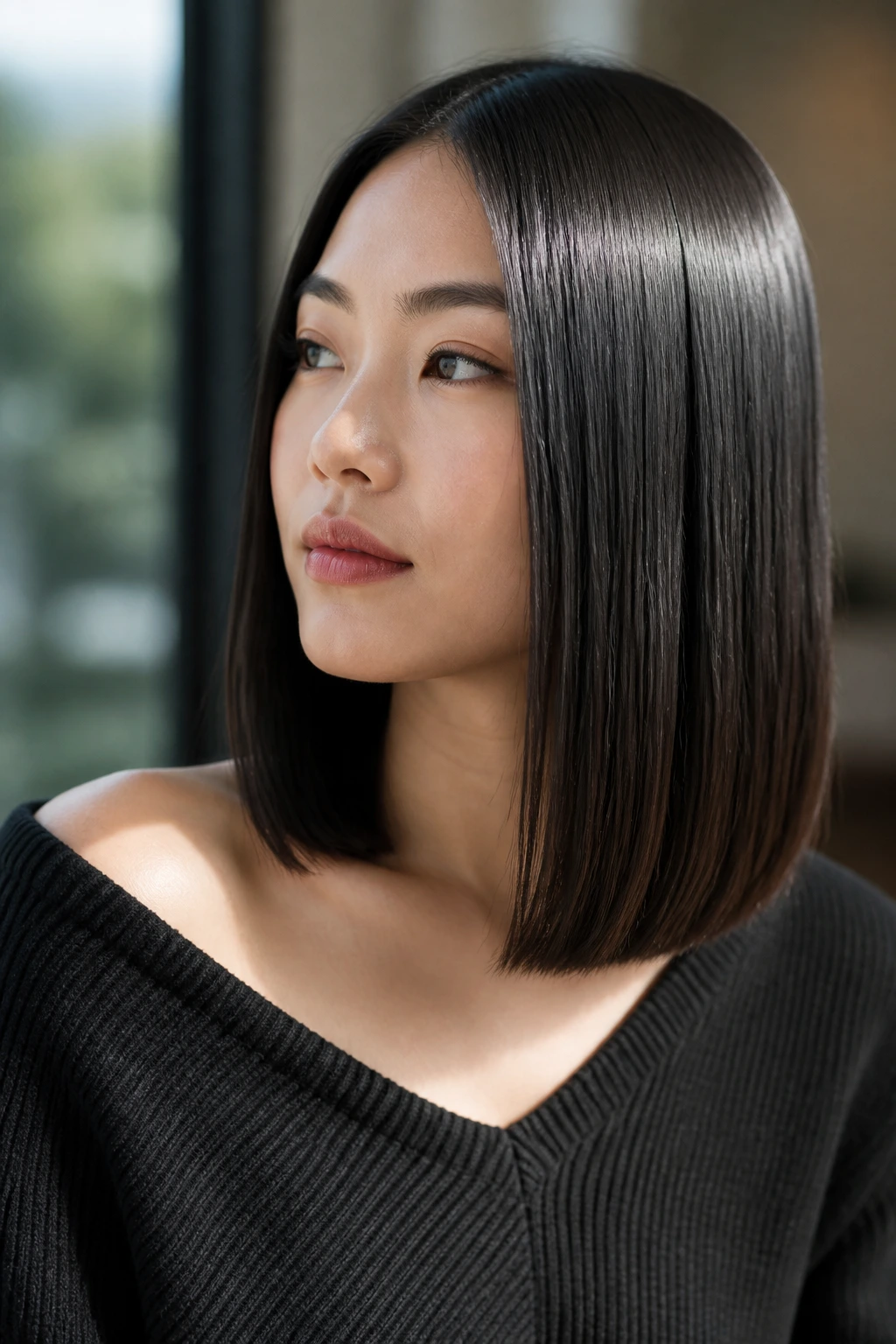 Asian woman with glass-like one-length lob