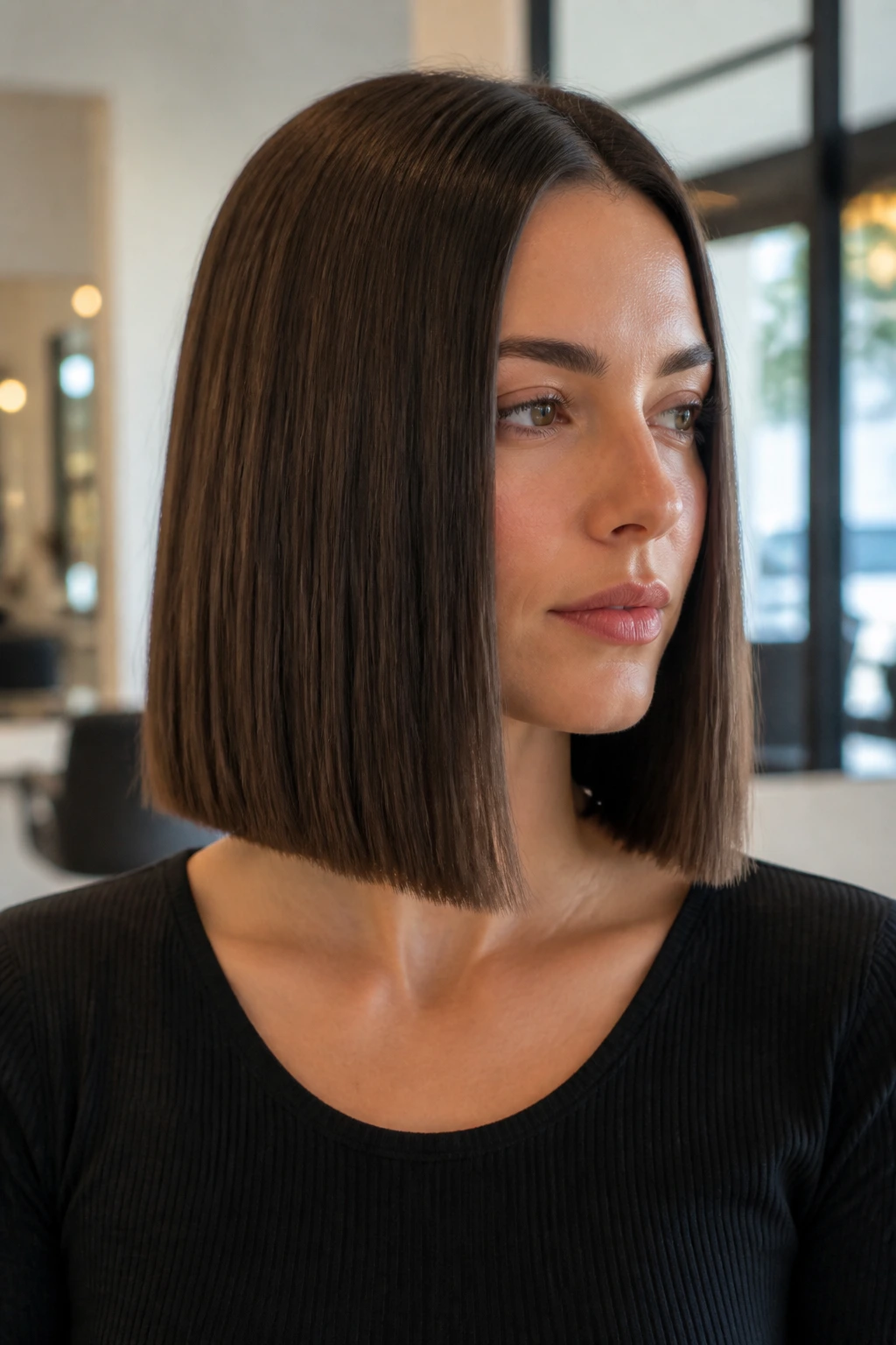 Close-up portrait of a real person with a minimalist one-length lob showing a clean straight line.