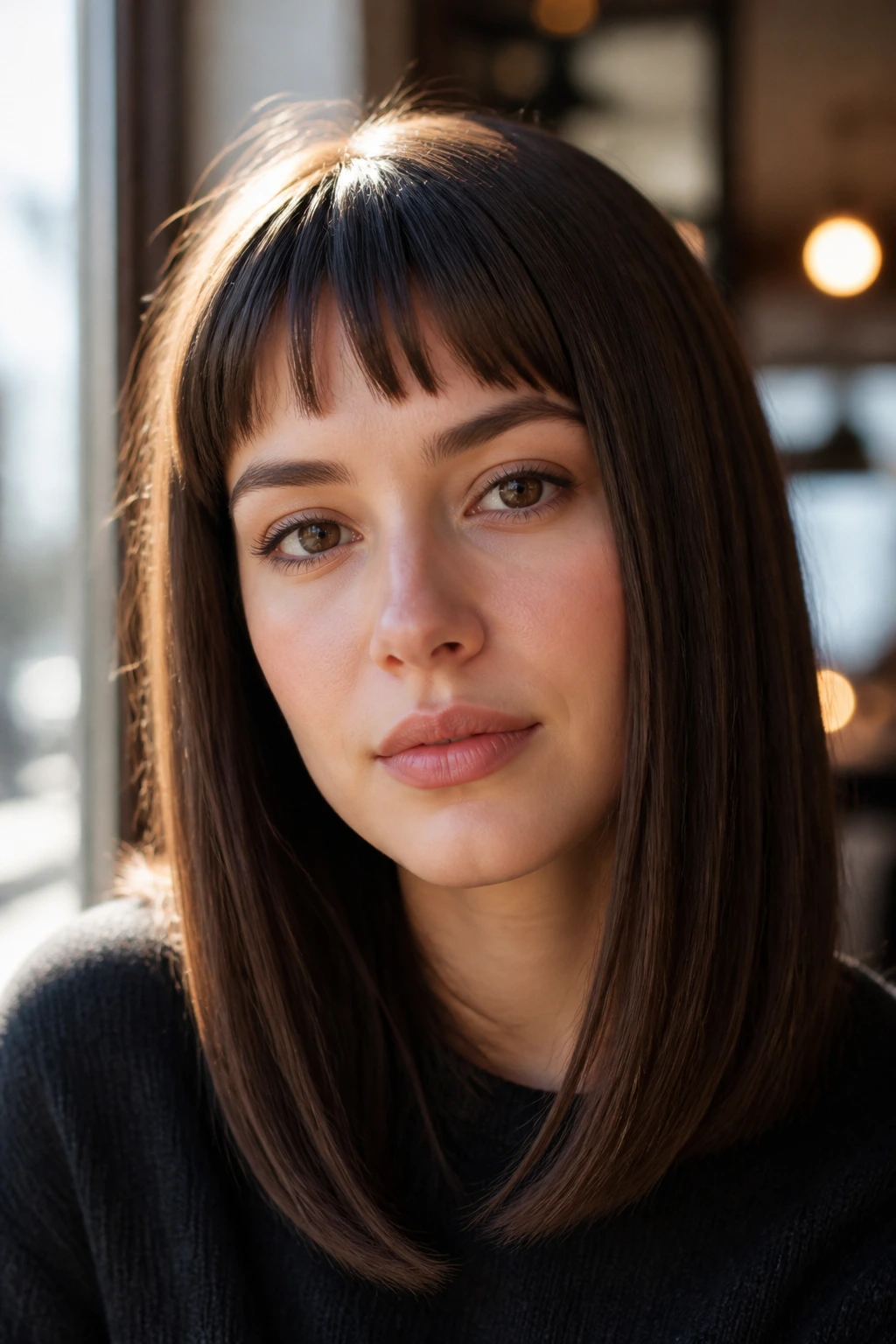 Close-up portrait of a real woman with a one-length lob and narrow micro-fringe in soft natural light