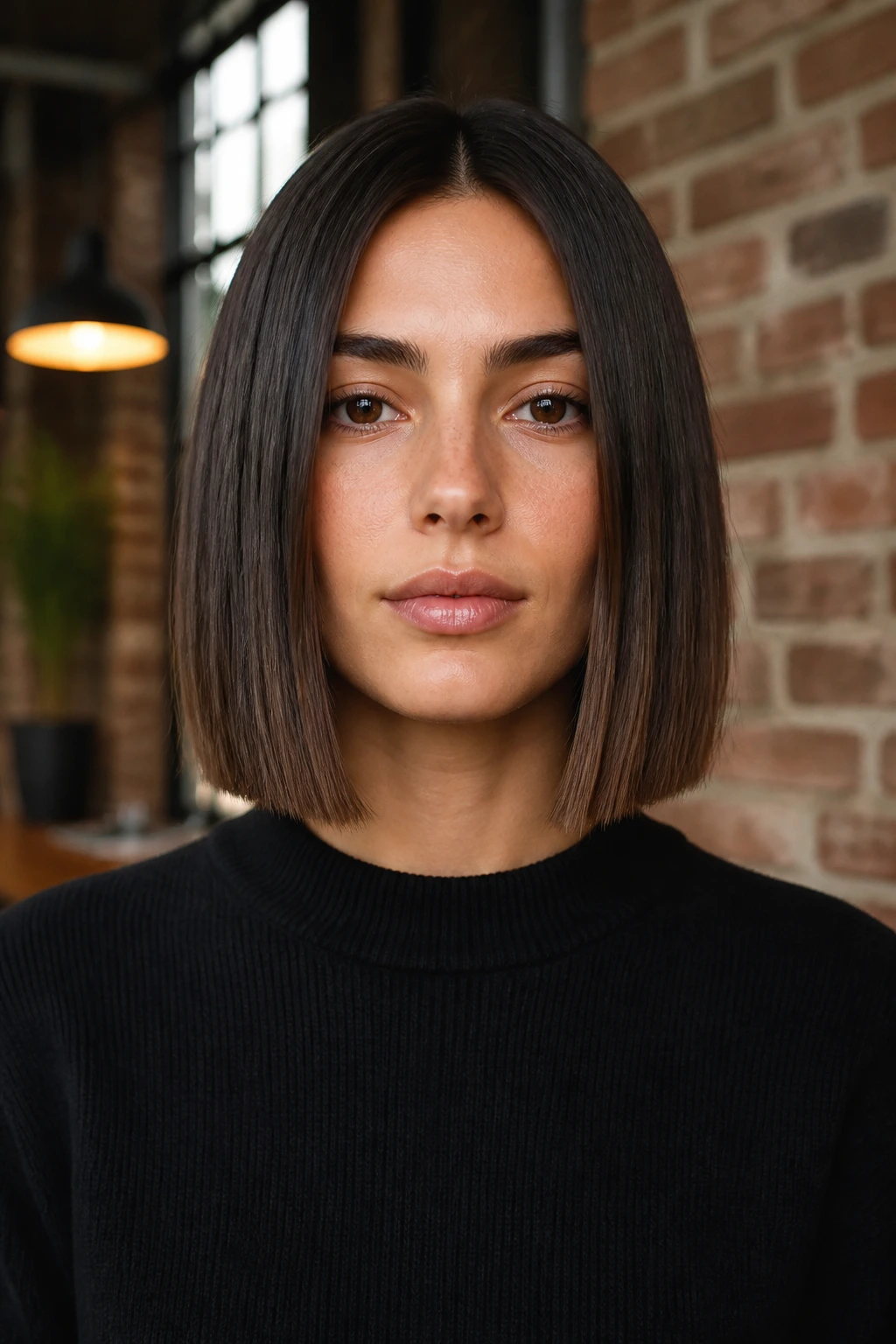 Close-up portrait of a real woman with a minimalist one-length lob