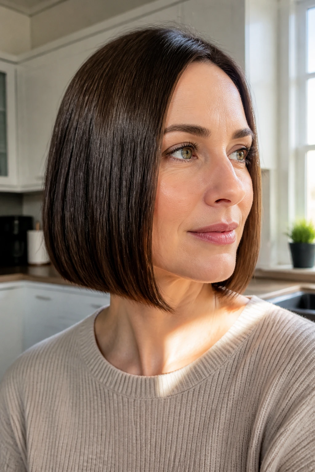 Close-up of a real woman with a sleek, one-length lob