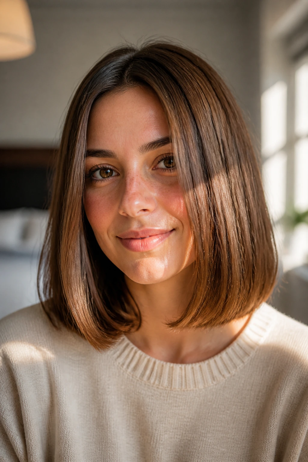 Close-up of a real woman with one-length lob and soft ends