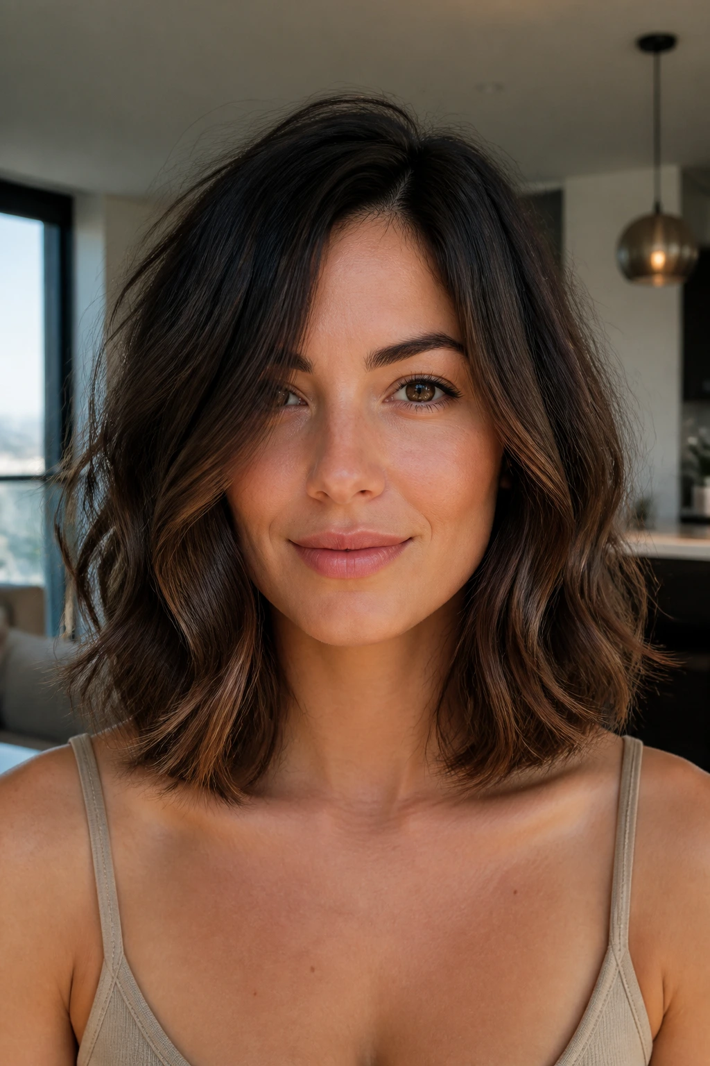 Portrait of a real woman with one-length lob and soft ends