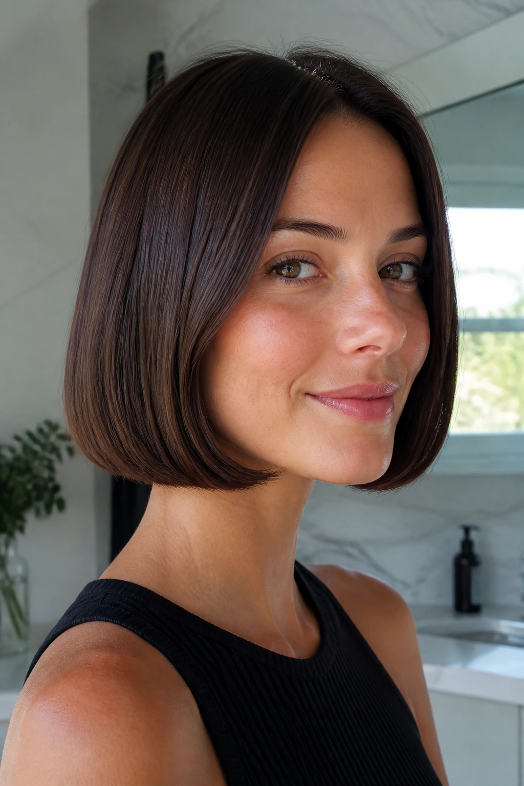 Close-up of a real woman with a blunt one-length lob and tucked ends.