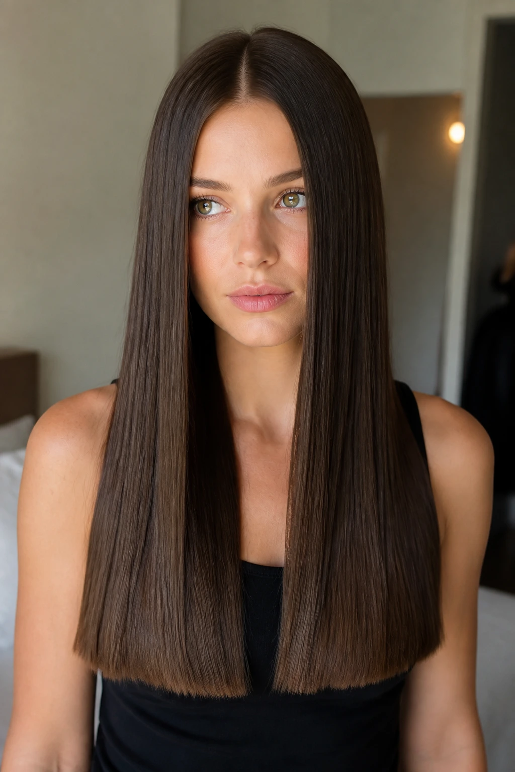 Portrait of a real woman with long, one-length straight hair and precise part.