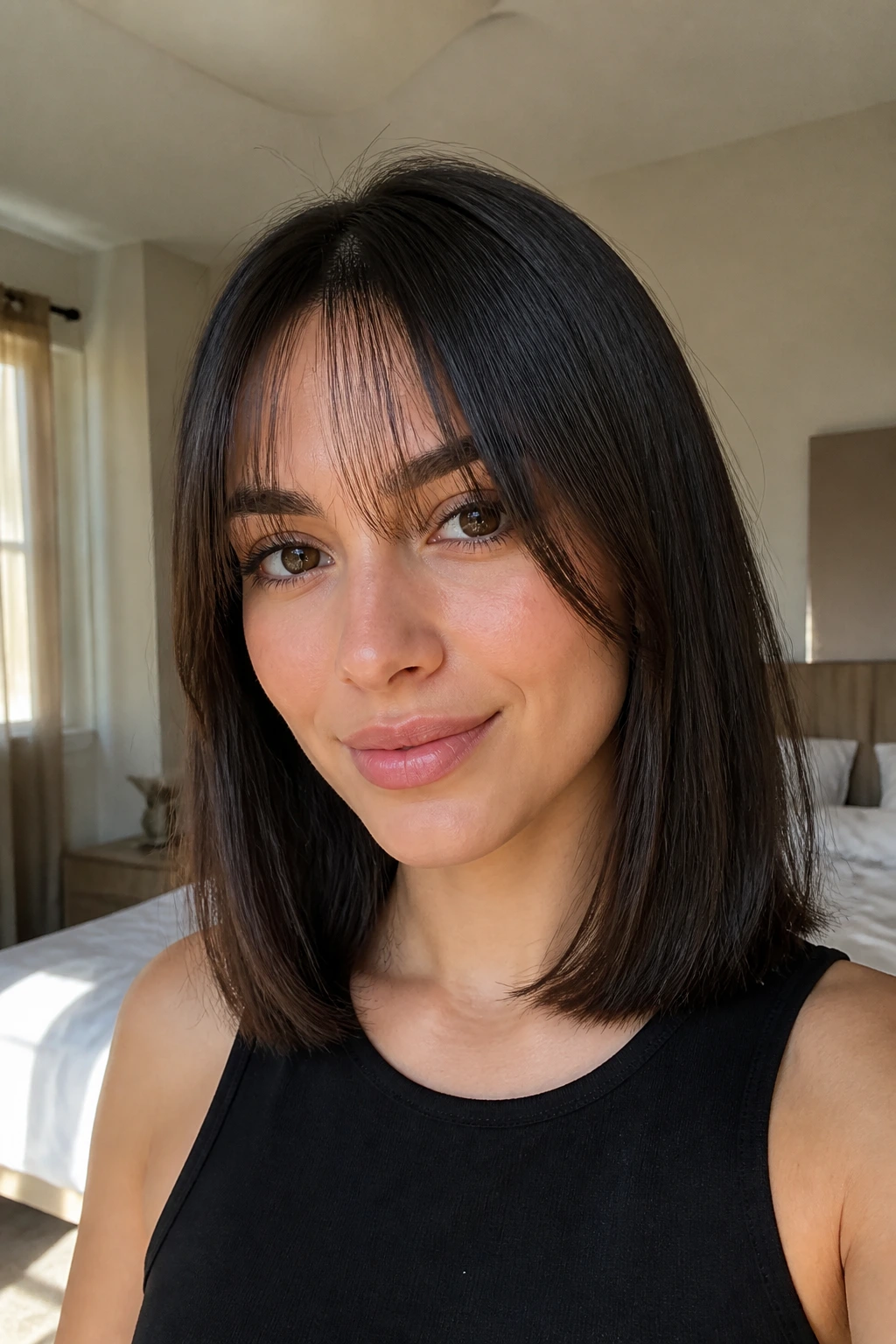 Close-up of a real woman with a one-length midi cut and sheer bangs in warm window light