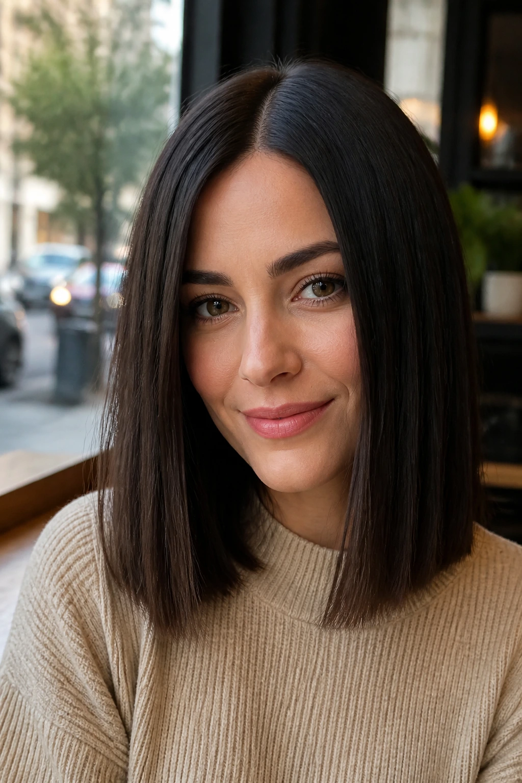 Close-up portrait of a woman with a one-length shoulder cut and center part.