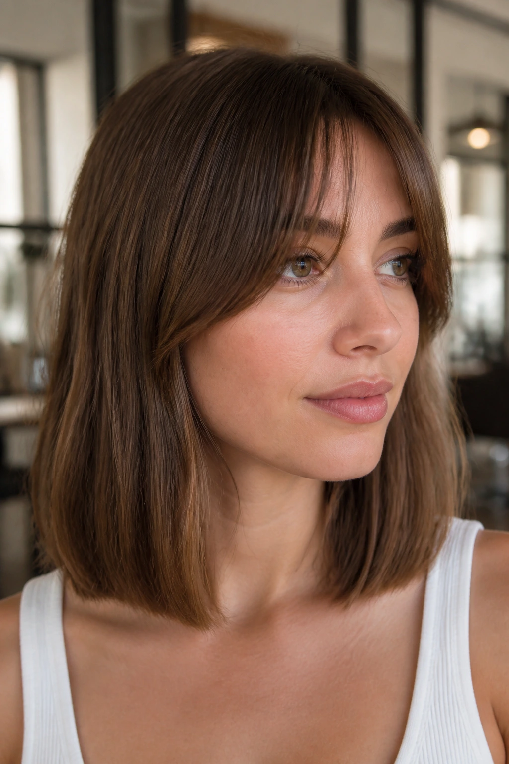 Close-up of a real person with a shoulder-length blunt cut and soft fringe