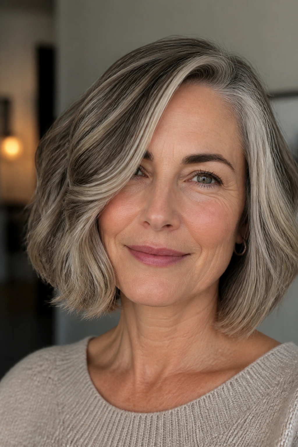 Close-up portrait of a real woman with an even one-length side-part bob