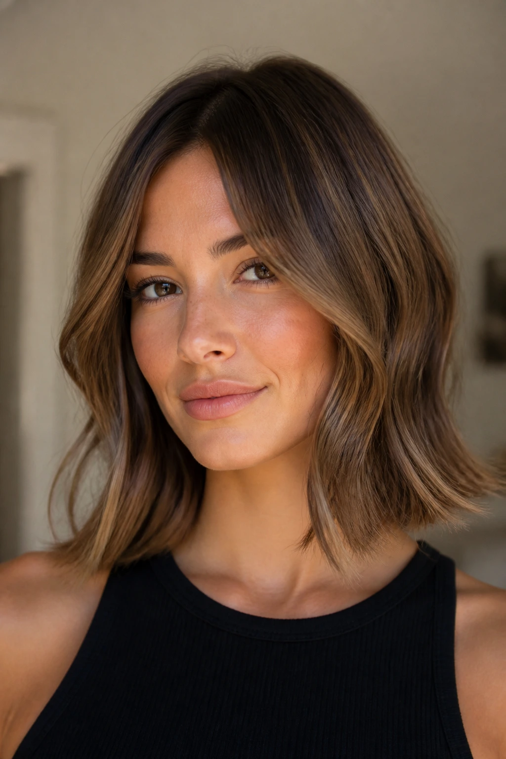 Close-up of a real person with one-length hair and flicked wave ends