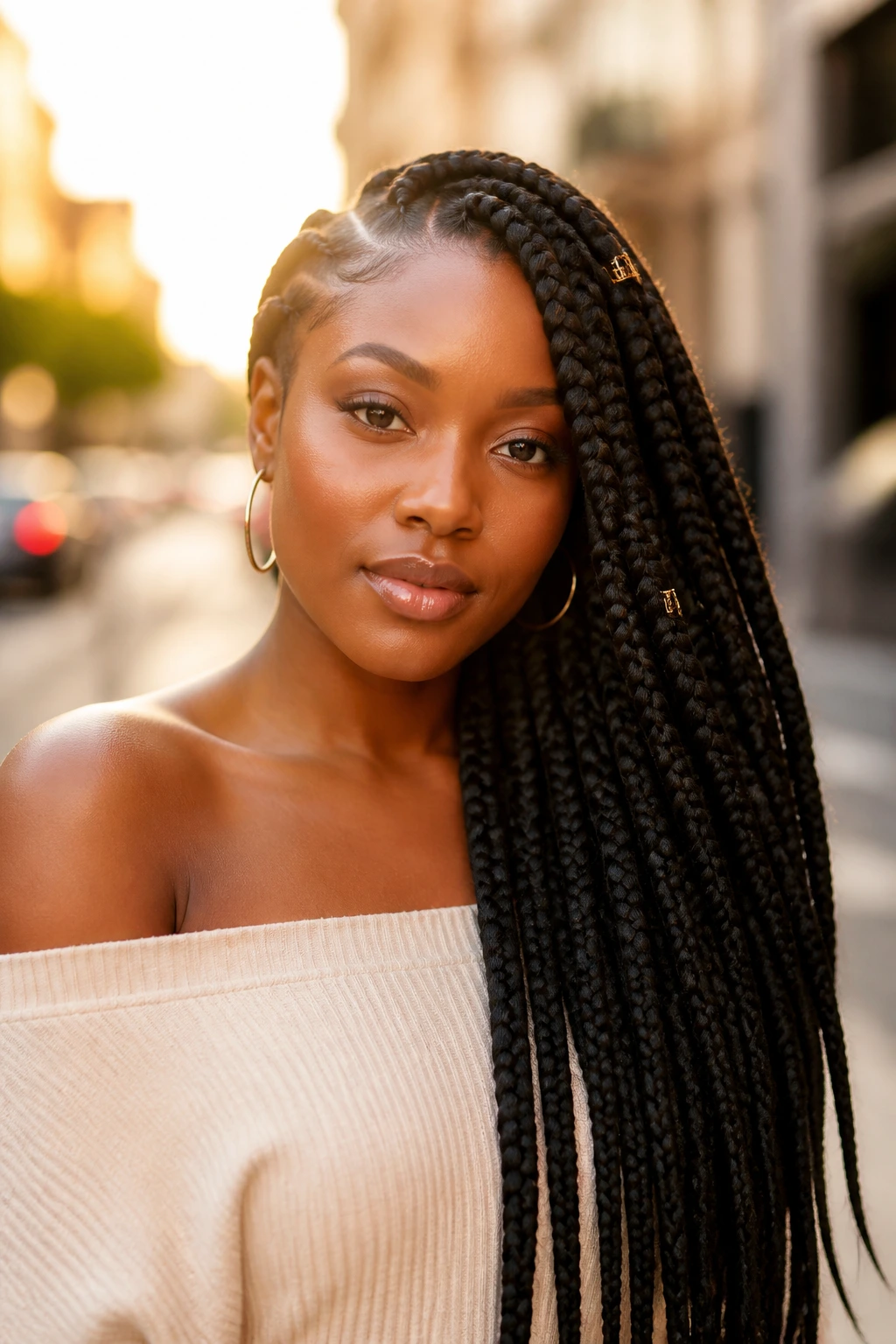 Three-quarter portrait with one-shoulder flip jumbo box braids