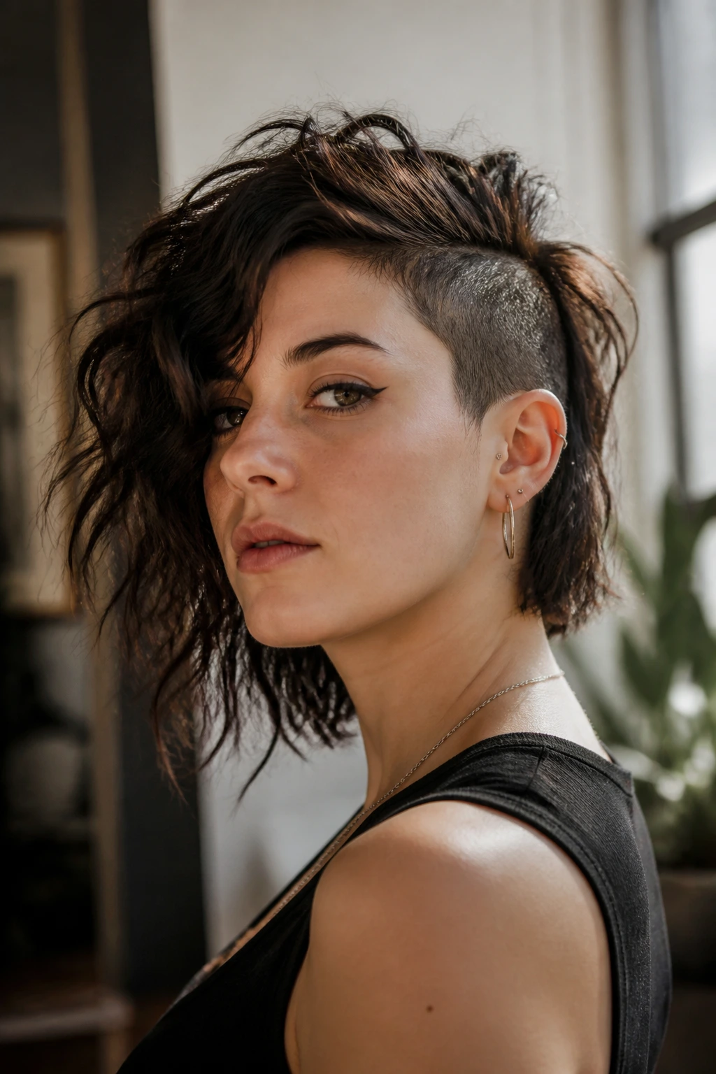 Portrait of a real person with one-side shag and asymmetrical undercut