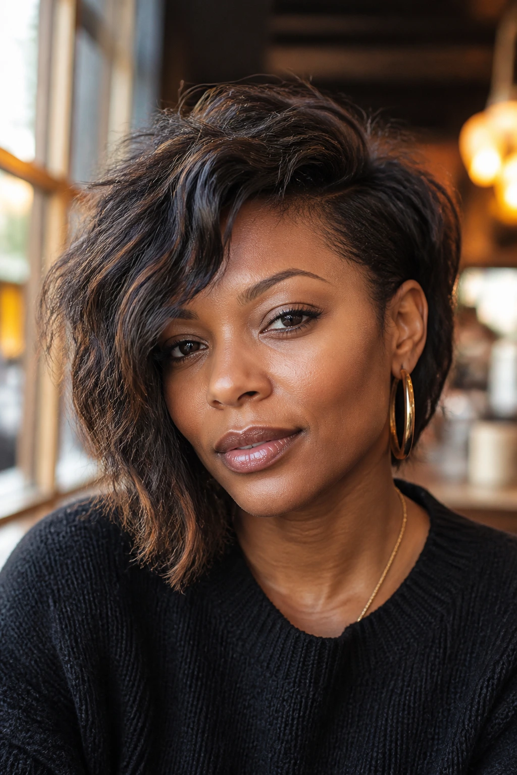 Close-up of a person with one-side tuck shag, one side tucked behind the ear.