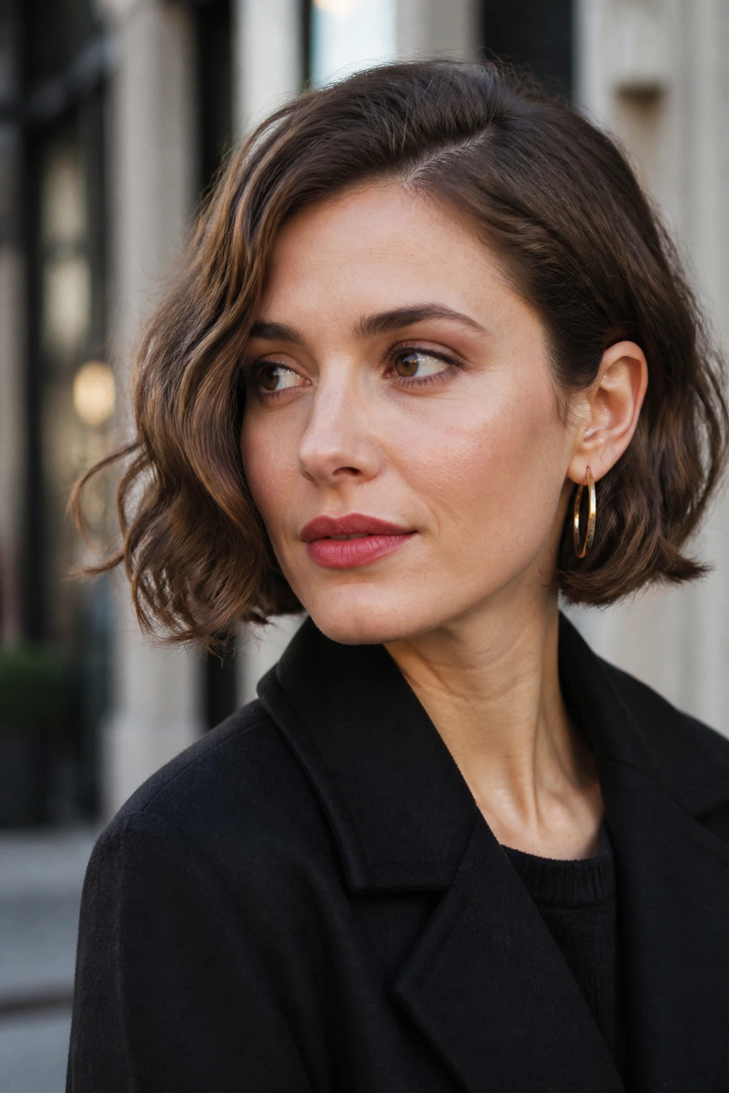 Close-up portrait of a real woman with one-side tucked wavy French bob