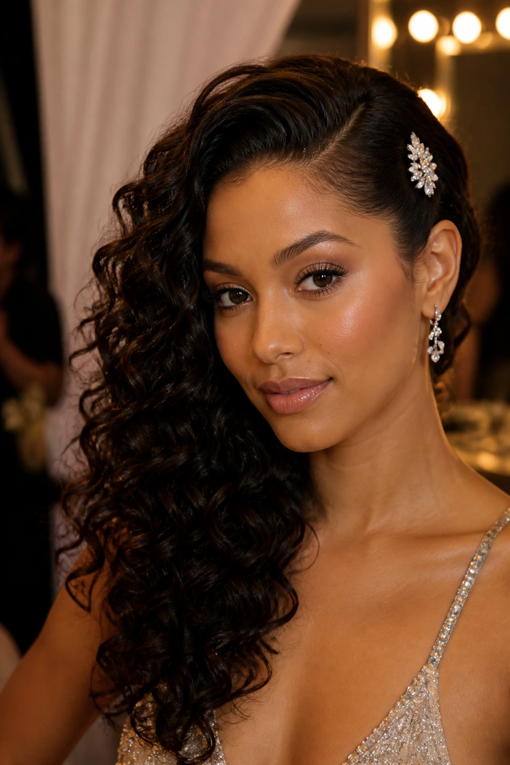 Close-up of real woman with one-sided volume curls and a statement barrette for prom.