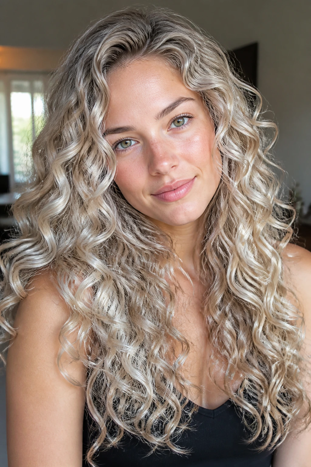 Close-up of real woman with opal blonde cascade on long curls