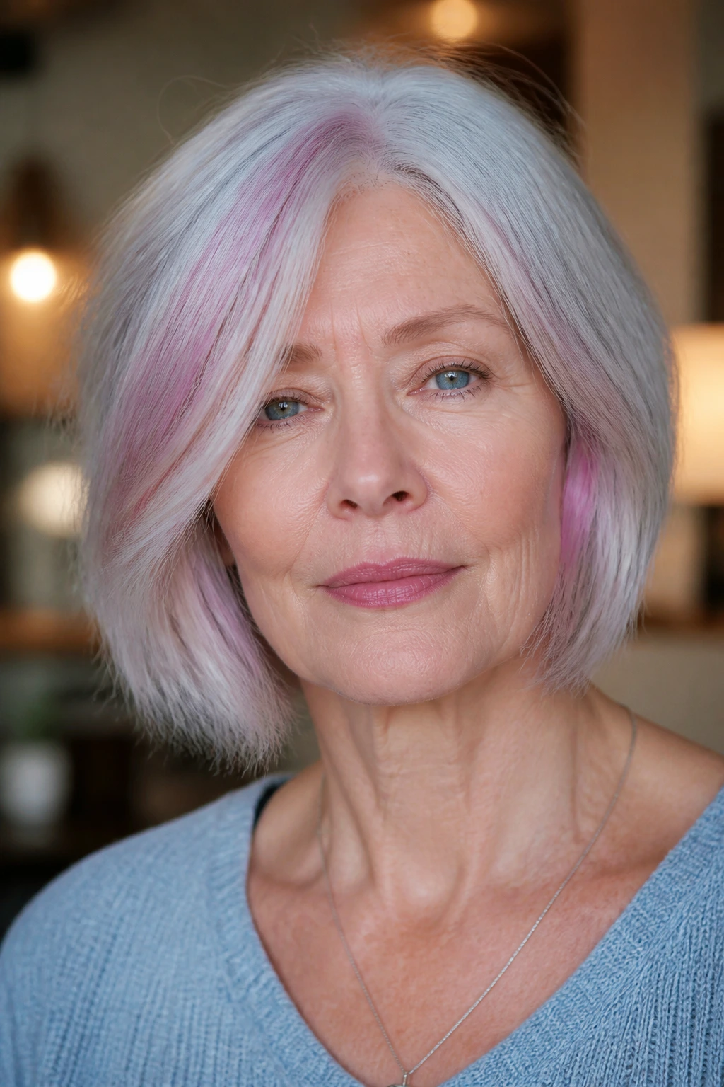 Close-up portrait of a real woman with opal gray hair and a soft pastel tint