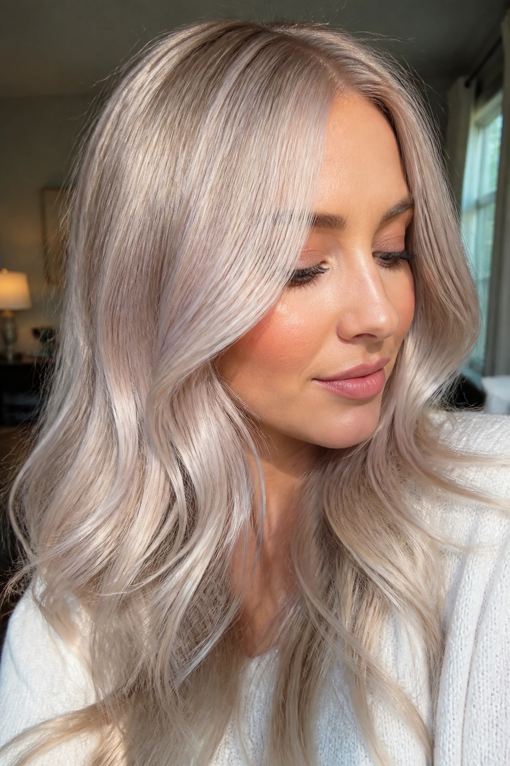 Close-up of blonde to silver hair with opal pearl gloss showing iridescent beige-silver-pink reflections