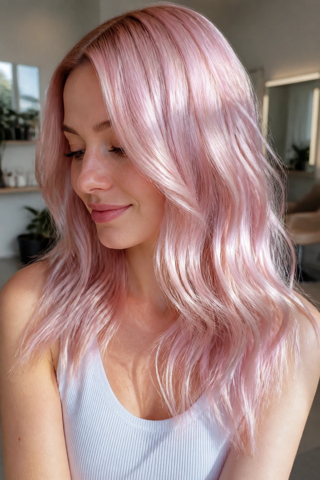 Real woman with pale blonde hair showing opal pink gloss under natural daylight.