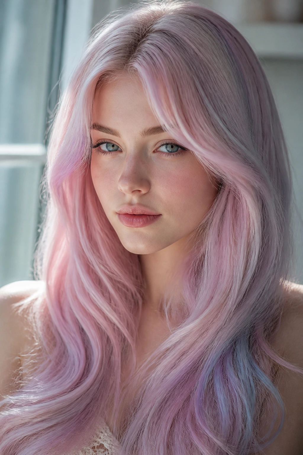 Close-up of pale long hair with opal pink sea glass tones