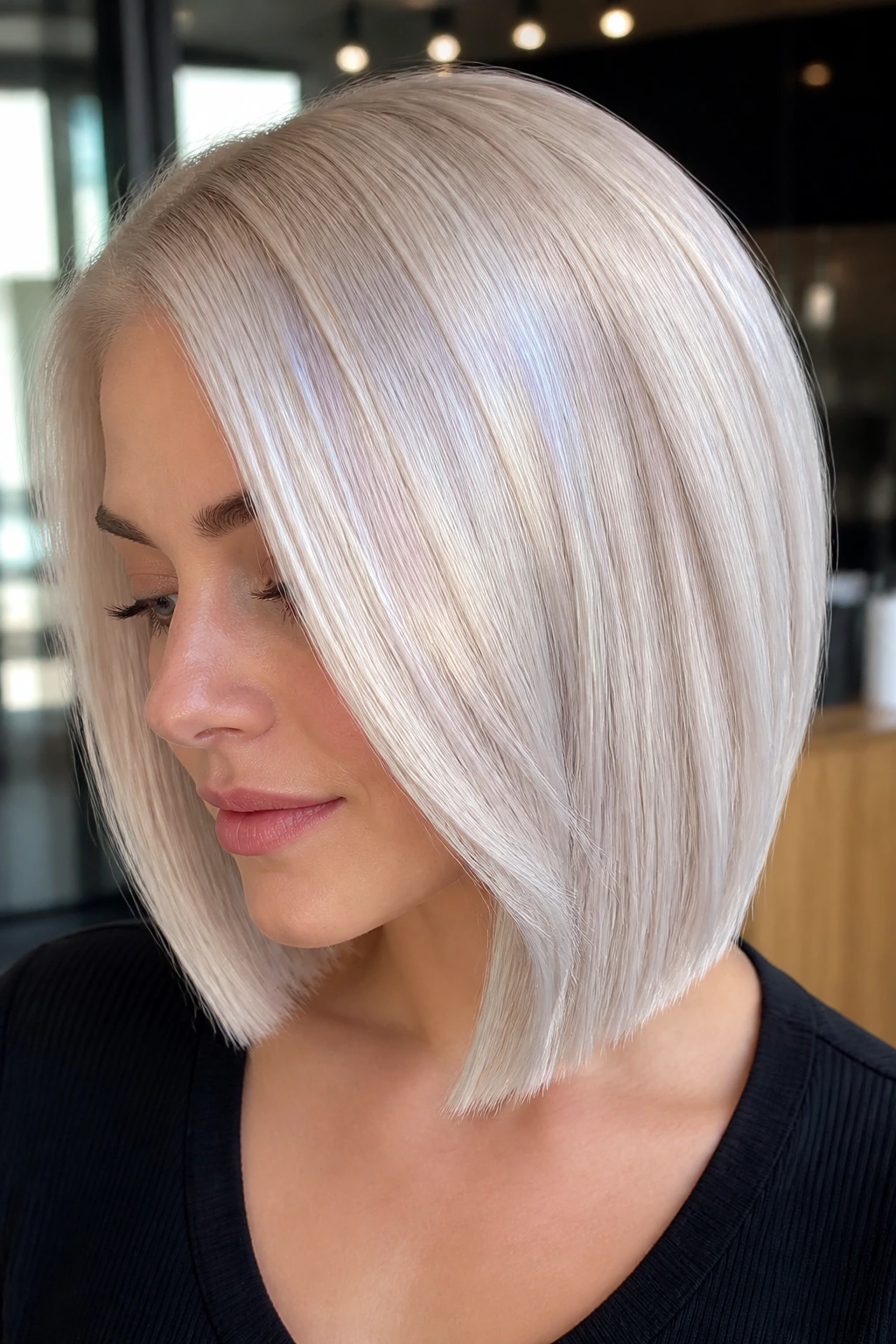 Portrait of a person with opal platinum gloss finish in salon lighting