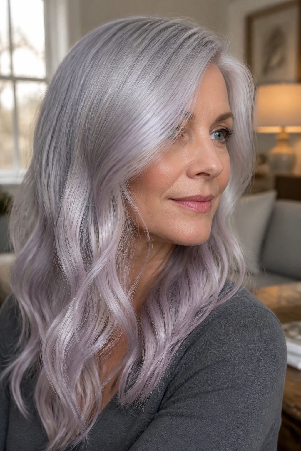 Portrait of woman with opal silver hair blend