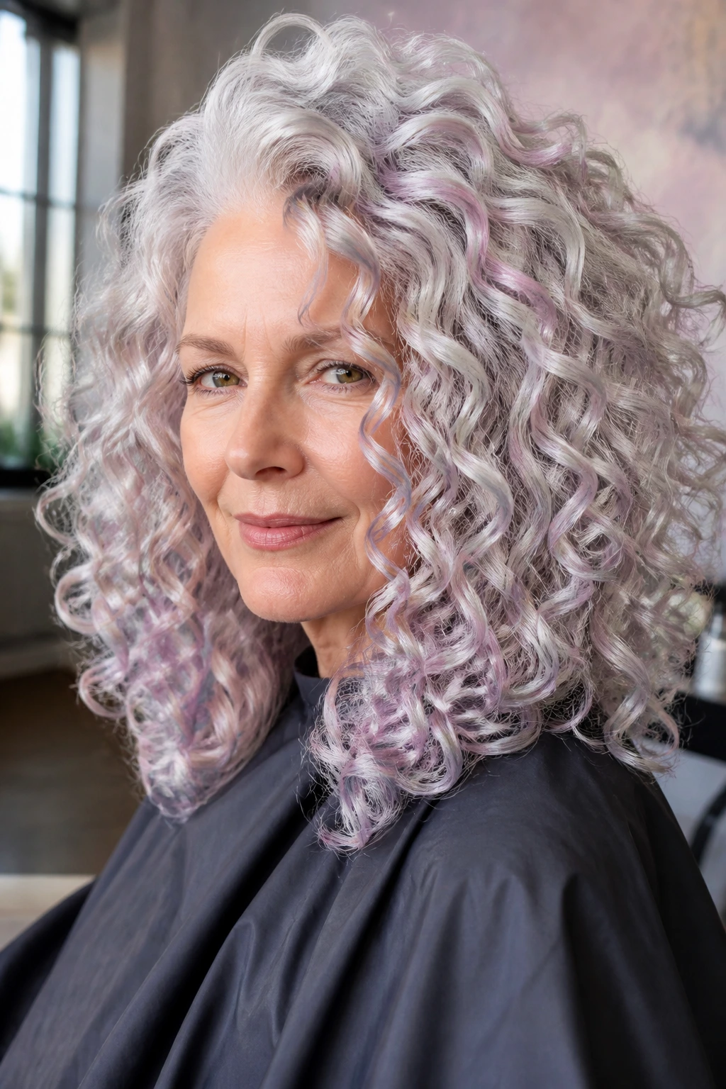 Close-up of Opal Silver Curls on a real woman with iridescent curls