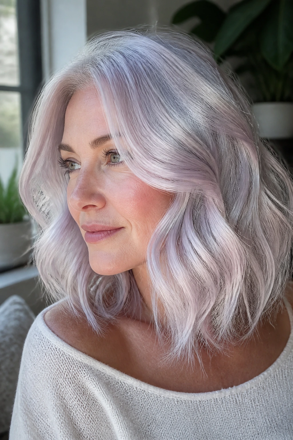 Real woman with shoulder-length opal silver hair showing iridescent tones