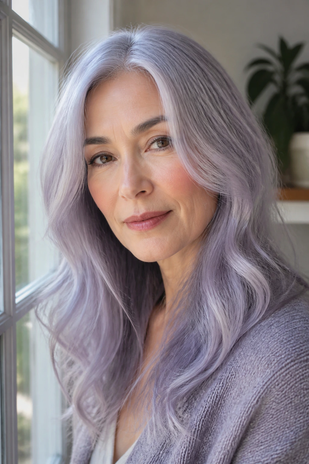 Close-up portrait of a person with opal silver hair and lavender glow in soft daylight