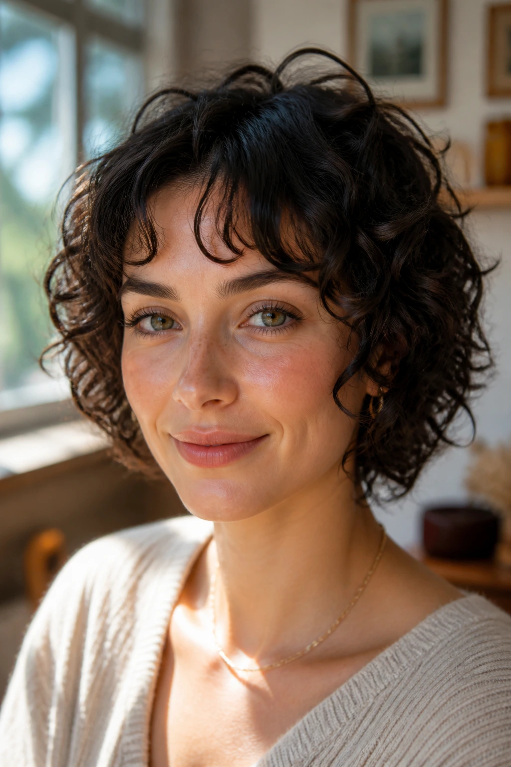 Woman with open brow bangs showing part of the eyebrow in natural light