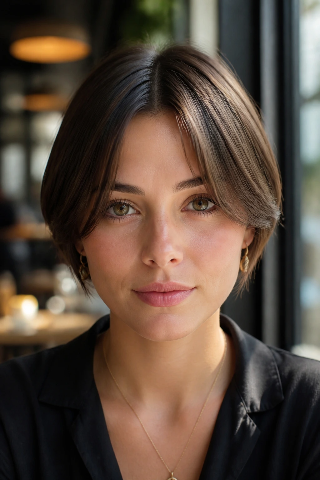 Close-up of a real woman with a sleek open fringe in daylight