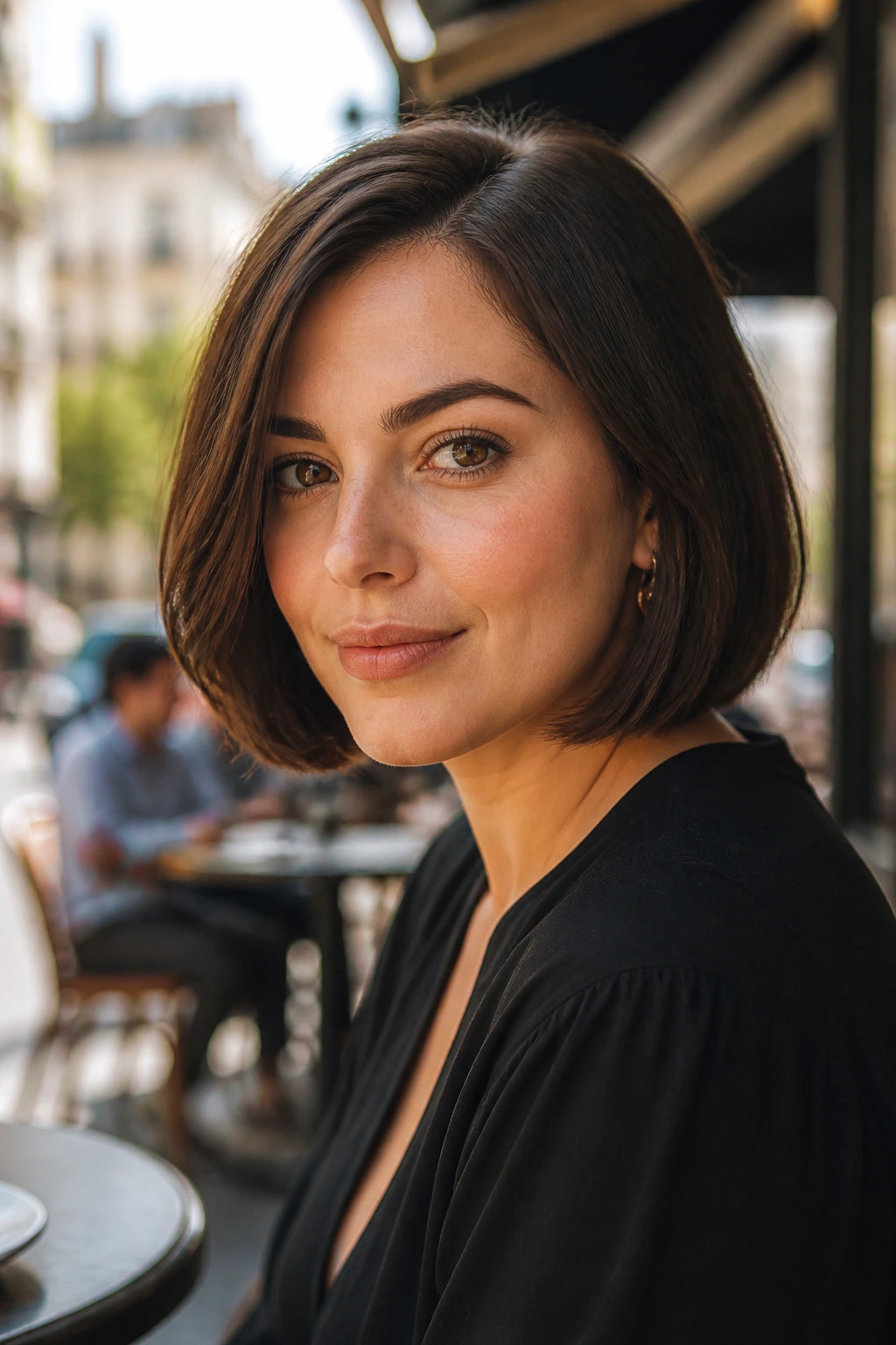 Real woman with a well-timed bob ends at the ideal length on a bright street cafe backdrop.