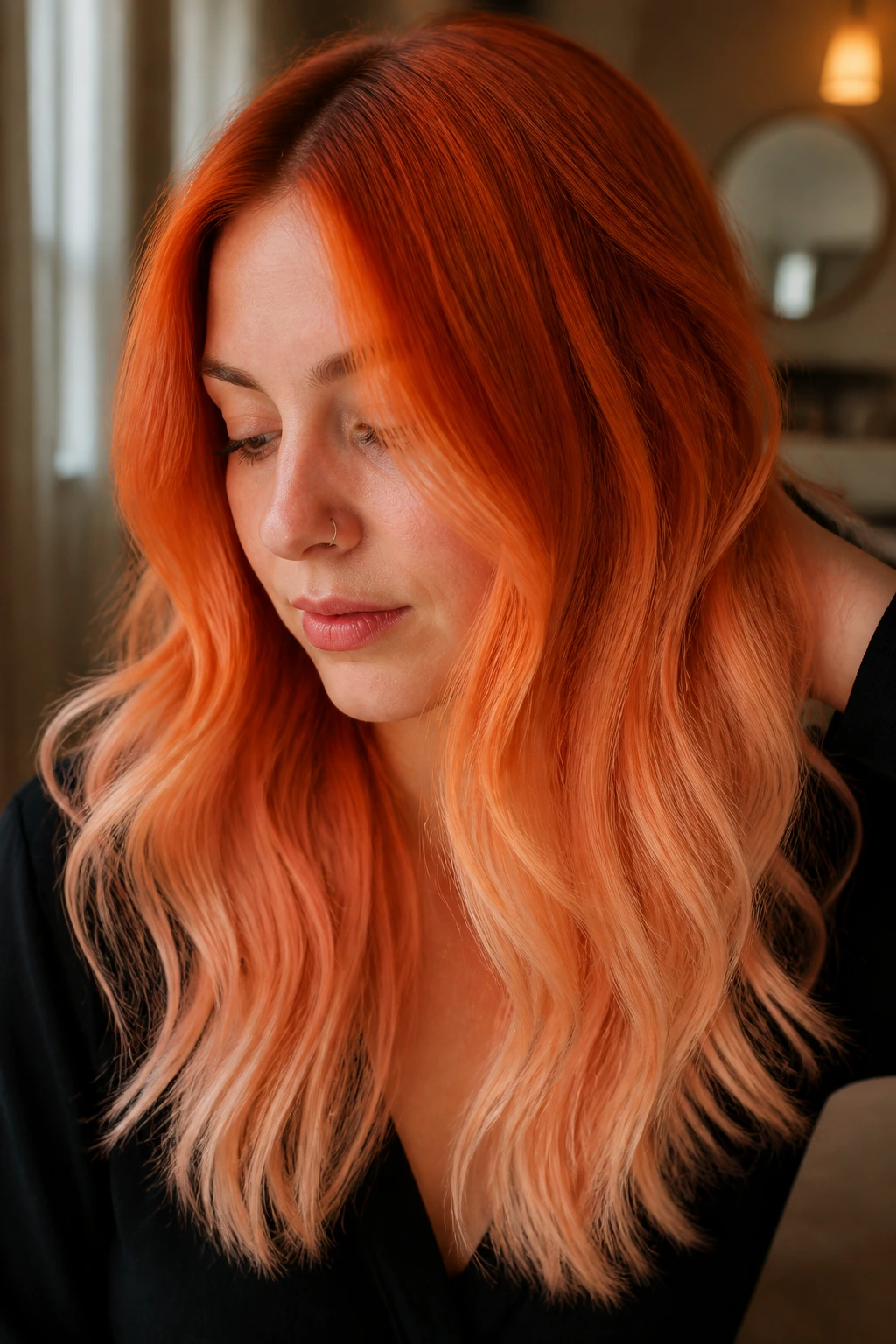 Person with orange hair gradient from copper to peach, illustrating fade.