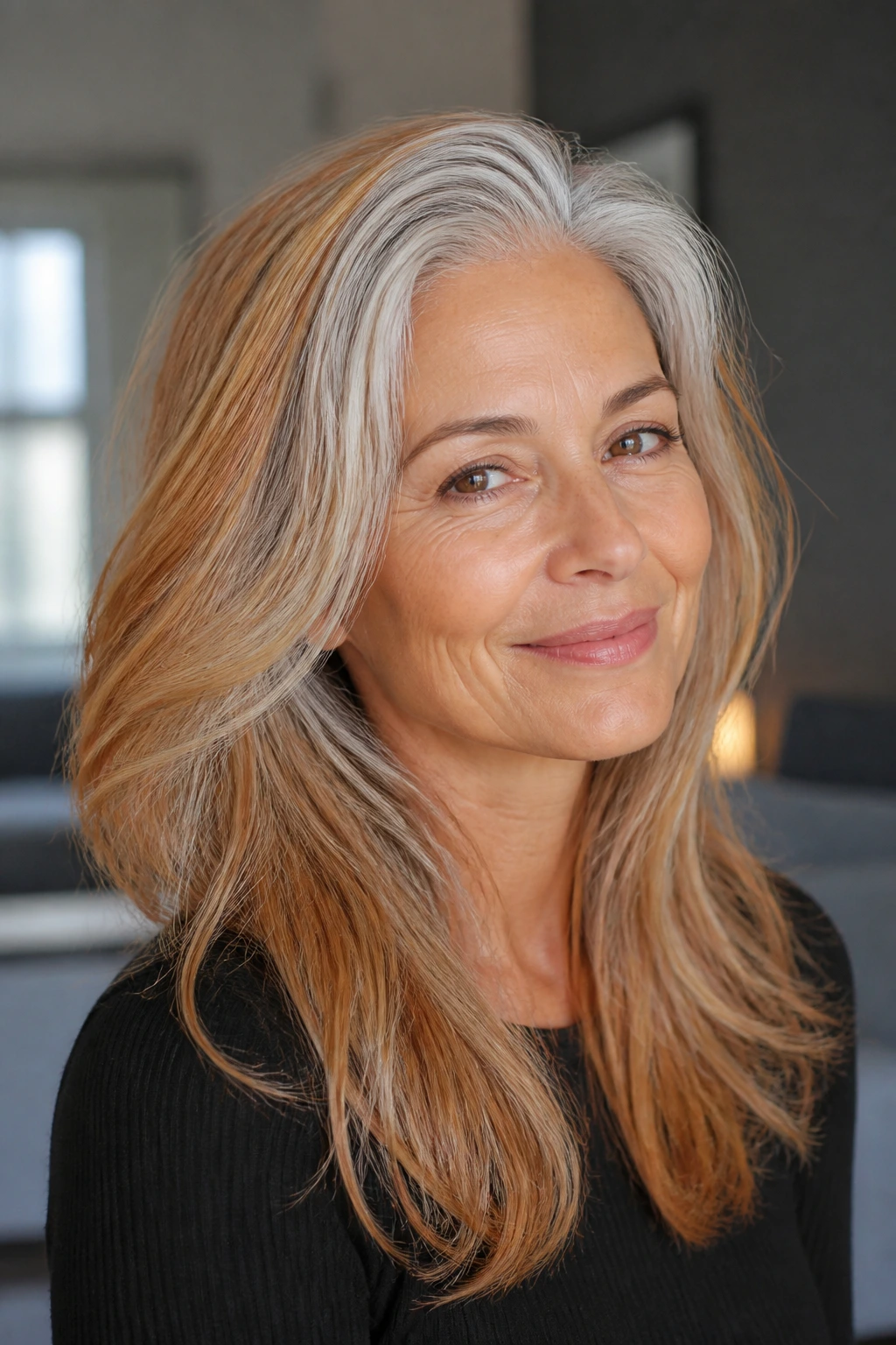 Close-up of natural gray hair with citrus gloss