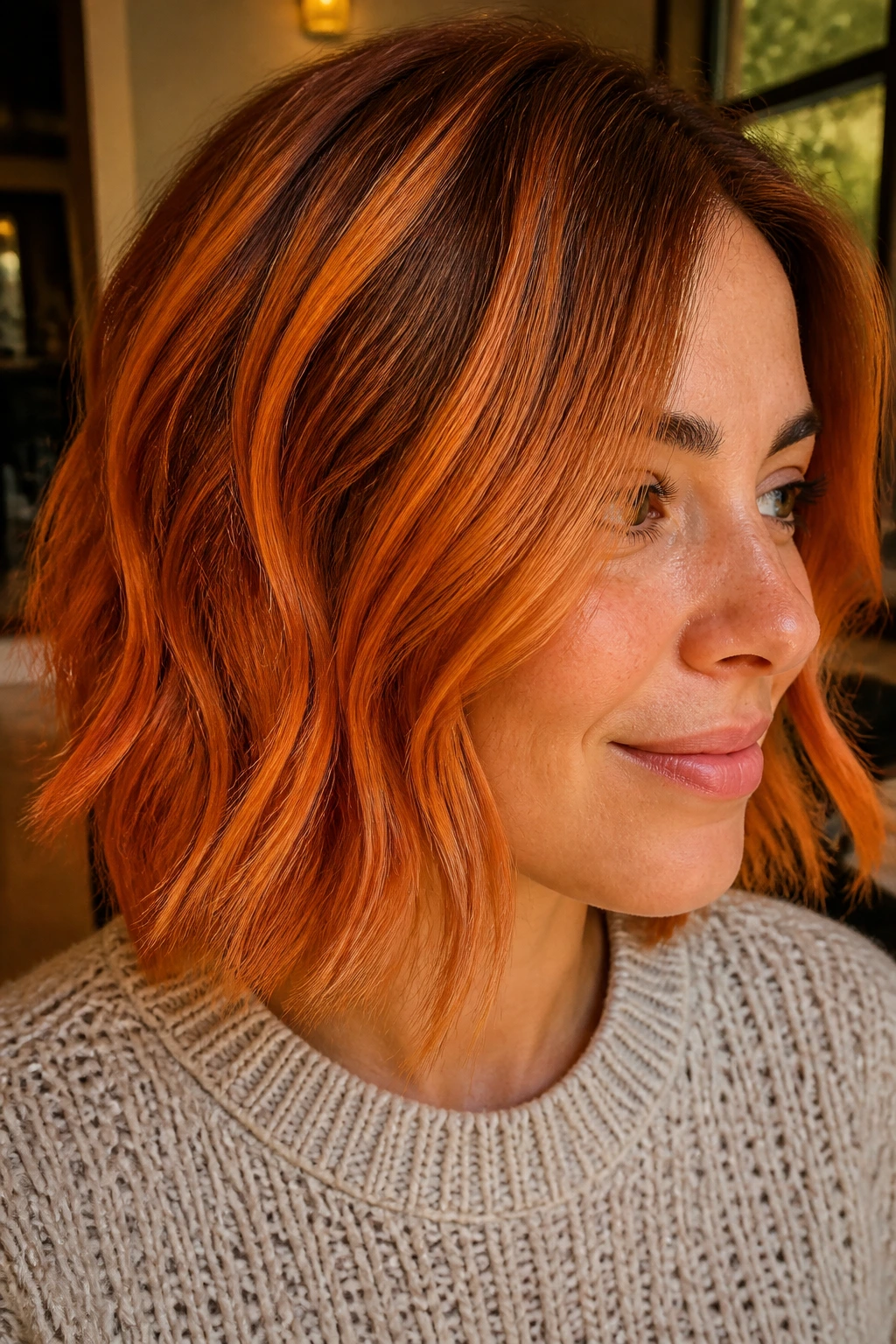 Close-up of copper-orange bob with rooted balayage showing color range