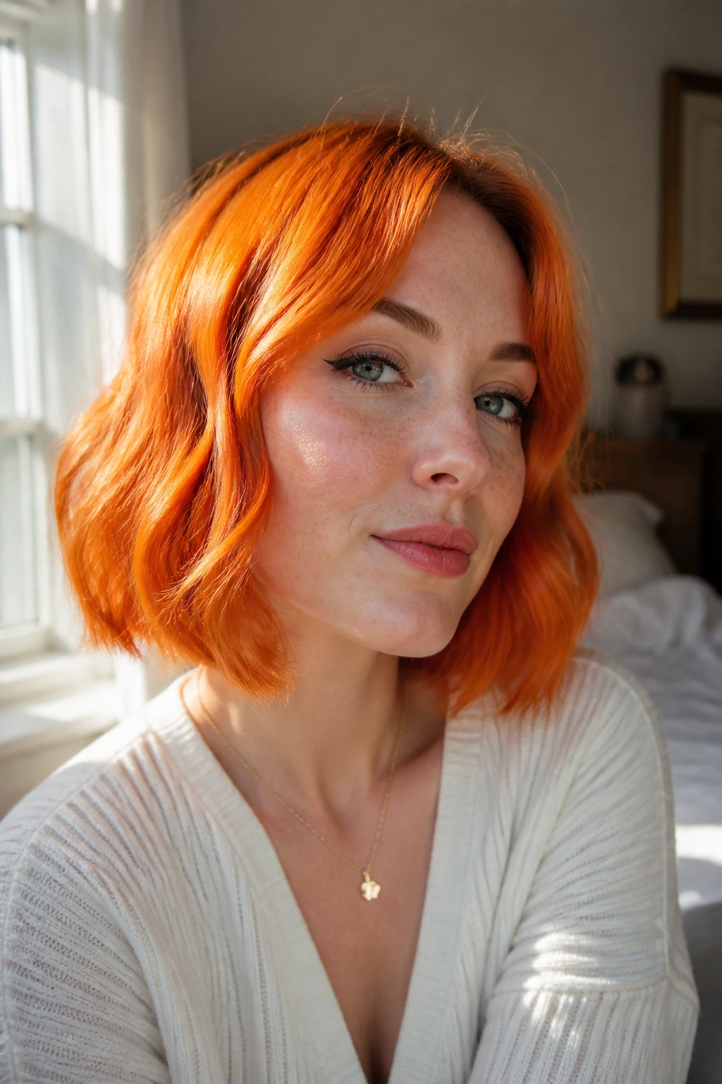 Close-up portrait of a real woman with copper-orange hair by a sunlit window