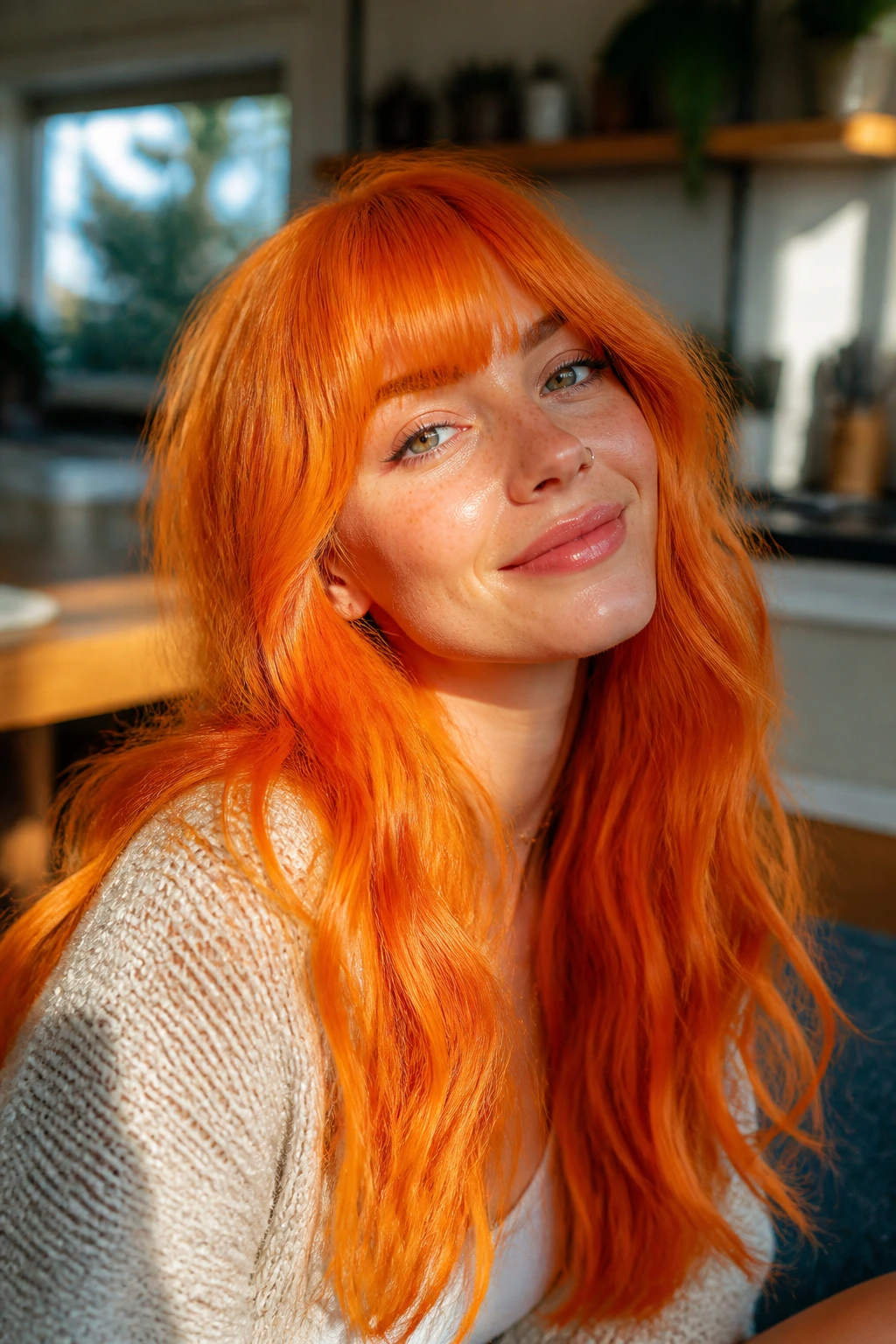 Close-up of vibrant glossy orange hair on a real person in warm home setting